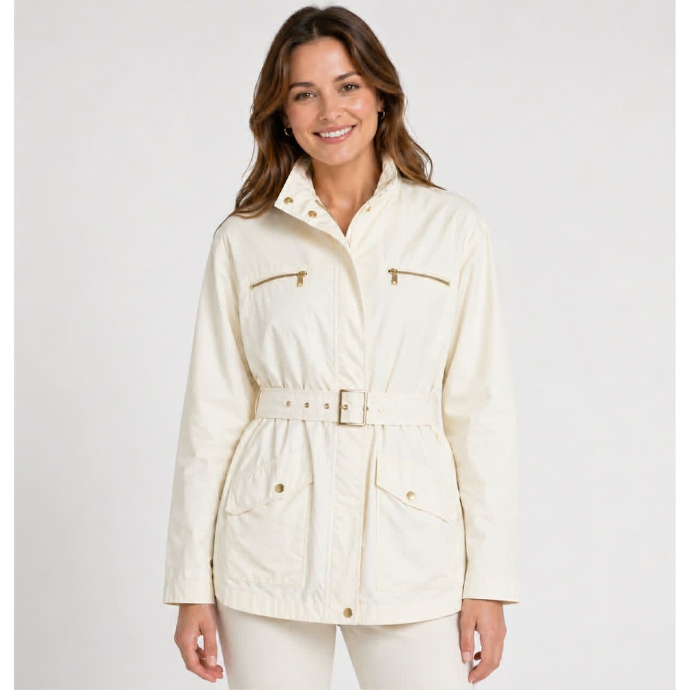 Cole Haan Belted Utility Jacket Ivory‎ Gold Hardware Roll Tab Coat Womens Size L